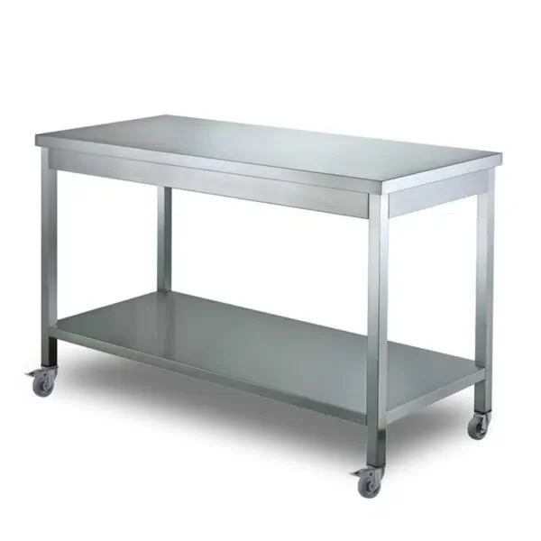 Mesa de Trabajo HCB Basic-line – con estante inferior – 160 x 70 x 85 cm – móvil – acero inoxidable