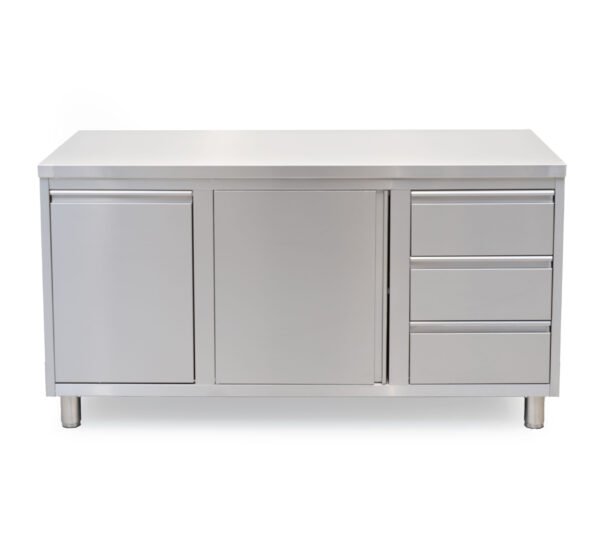 HCB Work Cabinet – hinged door – 3 drawers – waste bin – 160 cm – stainless steel