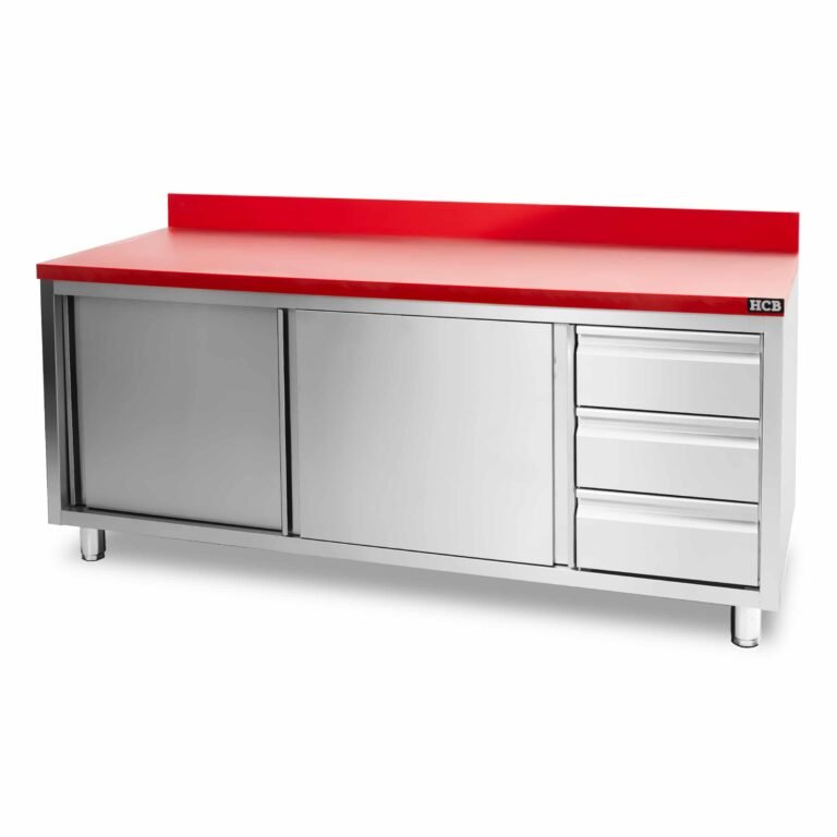 HCB Work Cabinet – Cutting Table – Sliding Doors – Drawers – 180 cm – Stainless Steel – Polyethylene