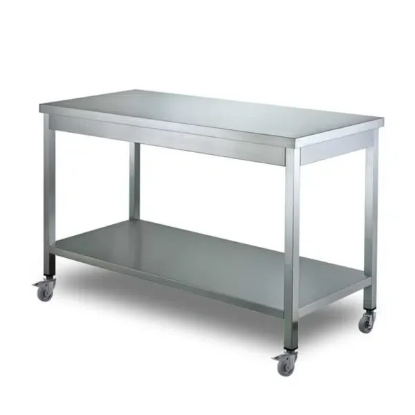 HCB Basic-line Work Table – with undershelf – 150 x 70 x 85 cm – mobile – stainless steel