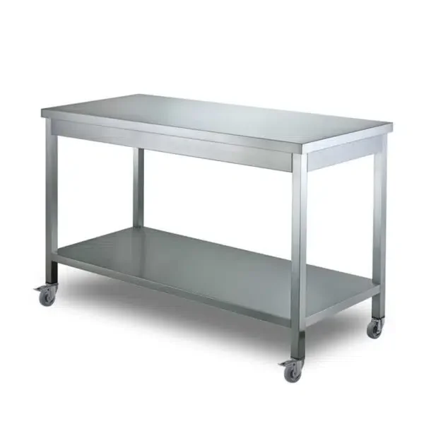 Mesa de Trabajo HCB Basic-line – con estante inferior – 180 x 70 x 85 cm – móvil – acero inoxidable