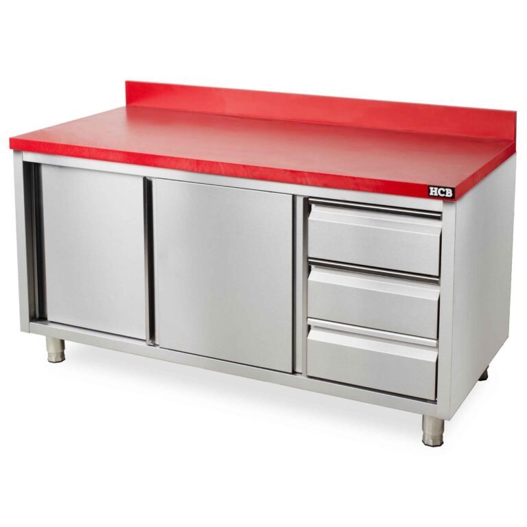 HCB Armario de Trabajo – mesa de corte – puertas correderas – cajones – 150 cm – acero inoxidable – Polietileno