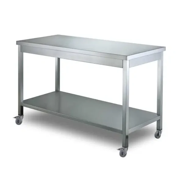 HCB Basic-line Mesa de Trabajo – con estante inferior – 200 x 70 x 85 cm – móvil – acero inoxidable